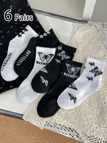 6 đôi tất cổ cao màu đen và trắng họa tiết bướm cho bé gái, tất dài đến bắp chân Ins Trendy Palms Angel, tất dài phong cách Nhật Bản dành cho trẻ em và thanh thiếu niên - Nhiều màu - Xem 8
