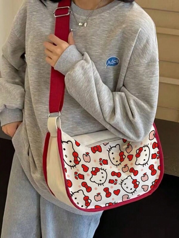 Sanrio 1 pezzo Borsa a tracolla in tela da donna con Hello Kitty di Sanrio, borsa a spalla con grande capacità a forma di gatto dei cartoni animati, nuova borsa a mezza luna versatile e alla moda