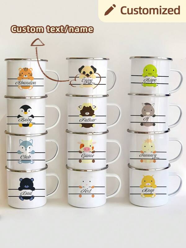 1pc Custom Name Personalized Gift White Enamel Mug, Cute Animal Climbing Enamel Mug, Perfect Valentine's Day Gift For Him/Her, Unique Gift For Special Occasion, Personalized Photo Coffee Mug, Custom Camping Mug, Custom Christmas Gift, Personalized Anniversary Photo Mug, Perfect Gift For Family, Friends, Baby