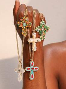 1 pièce Collier pendentif croix en cristal de turquoise de style boho occidental, perle de faux. Convient pour les vacances, les fêtes, les cadeaux et le port quotidien pour les femmes