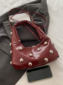New Ladies Fashion Rivet Shoulder Bag, Y2k Sweet Cool Women's Bag, Street Solid Color Casual Armpit Bag, Adjustable Shoulder Strap Crossbody Bag, Suitable For Commuting, Work, Daily Use - Red - View 5