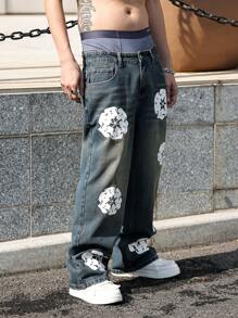 HEHCN Men's Floral Print Pockets Casual Loose Fit Y2K Retro Wide Leg Blue Jeans, Emo Style