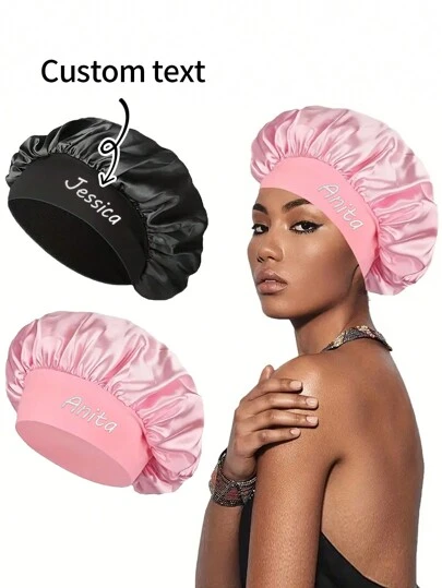 1pc Women's Solid Color Customized Text Wide-Edge Elastic Satin Fashion Sleep Cap, Casual Comfortable, Soft Breathable, Everyday Hair Protecting Cap, Women Valentine Gift Birthday Boyfriend Girlfriend Home Bathroom Decor Fall Decor Back To School