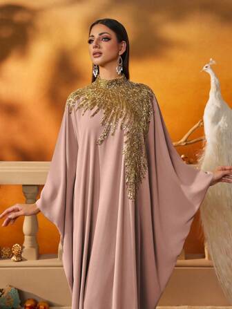 AmazingHoney Elegant Pink Loose-Fit Kaftan Dress With Gold Sequin Embellishments, Party Modest Abaya, Formal Muslim Dress, Evening Gown, Abaya Dress (Loose Fit– Please Check Size Chart)