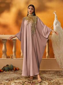 AmazingHoney Elegant Pink Loose-Fit Kaftan Dress With Gold Sequin Embellishments, Party Modest Abaya, Formal Muslim Dress, Evening Gown, Abaya Dress (Loose Fit– Please Check Size Chart) - Pink - View 9