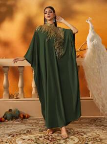 AmazingHoney Elegant Green Loose-Fit Kaftan Dress With Gold Sequin Embellishments, Party Modest Abaya, Formal Muslim Dress, Evening Gown,Abaya Dress (Loose Fit– Please Check Size Chart)