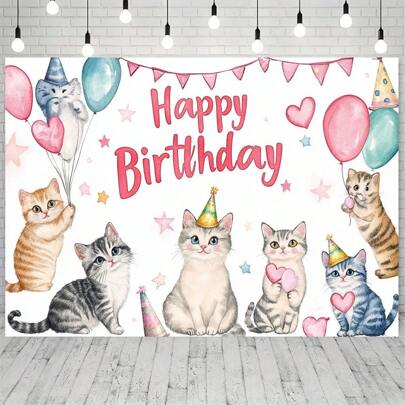 Cute Cat Birthday Party Background, 100% Polyester Fabric, No Electricity Required, Suitable For Photography, Home Celebrations And Party Decor