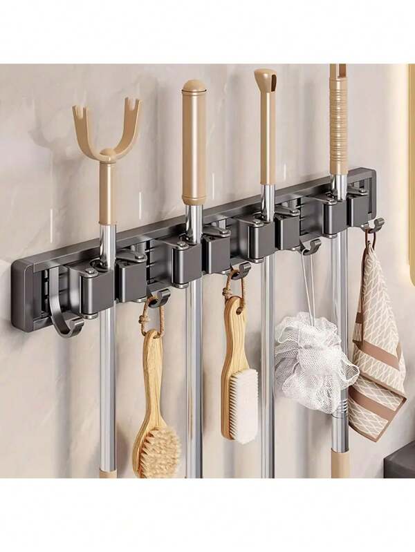 Suporte de metal resistente para esfregão e vassoura com ganchos ajustáveis - Organizador de armazenamento para casa, banheiro, cozinha, jardim, lavanderia, garagem - Solução de armazenamento de ferramentas e equipamentos, rack, decoração de banheiro, organizador de banheiro, verão