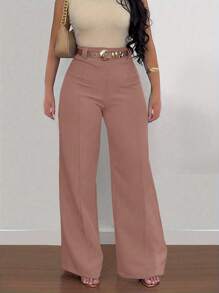 Women Casual Solid Color Slim Fit Straight Leg Pants - 藕粉色 - 查看 1