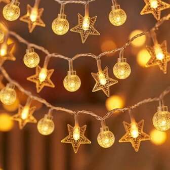 1 PC 10/20/30/40 LED Bubble Balls And Stars Ramadan String Light Waterproof Fairy Lights Battery Operated For Home Garden Bedroom Party Indoor Outdoor Bedroom Holiday Decoration