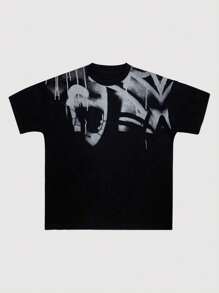 Black Graphic Print Round Neck T-Shirt, Men's Simple, Sports, Casual, Loose, Short Sleeve Top For Summer