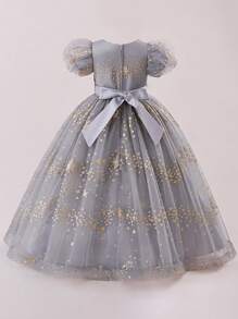 Tween Girls Short Sleeve Sequin Mesh Elegant Party Dress, Suitable For Banquet And Birthday