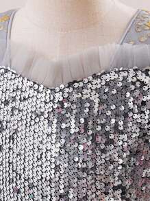 Tween Girls Short Sleeve Sequin Mesh Elegant Party Dress, Suitable For Banquet And Birthday