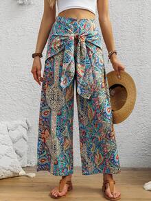 Lace-Up Colorblock High Waist Casual Loose Fit Pants, Multiple Colors