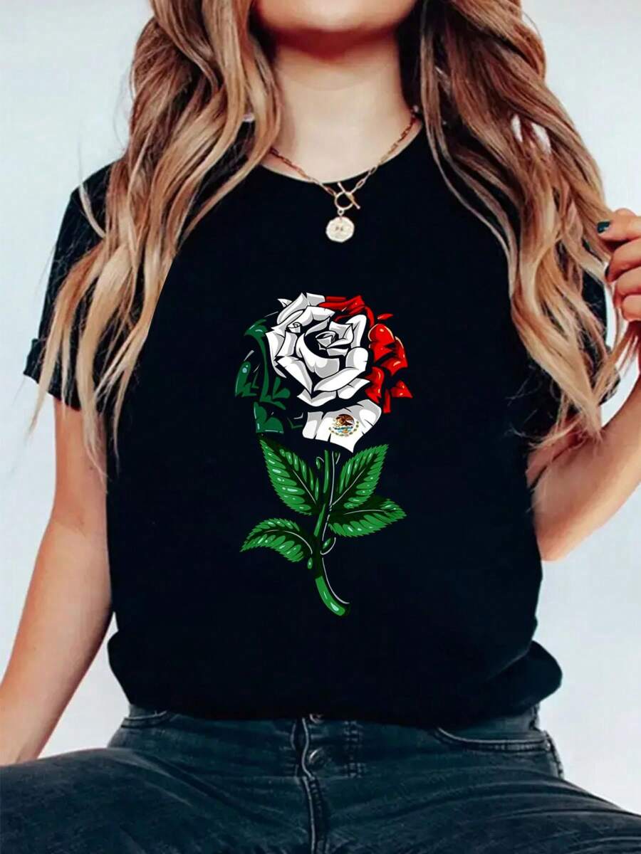 Mexico Flag Mexican T-Shirt  Cotton Graphic Tee For Women, Round Neck Short Sleeve Casual Tops - 黑色 - 查看 1
