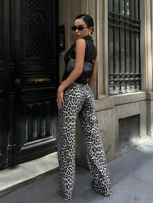 Pantalones anchos estilo retro con lavado descolorido y estampado de leopardo para mujer