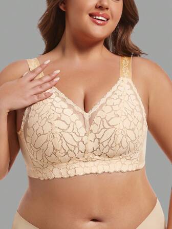 Plus Size Apricot Women Wireless Lace French Romantic Lingerie Set, Ultra-Thin Underwire Free, Lift And Separate, Anti-Sagging, Supportive Bra