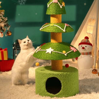 1pc Christmas Tree Shaped Combined Cat Scratching Post And Cat Bed,