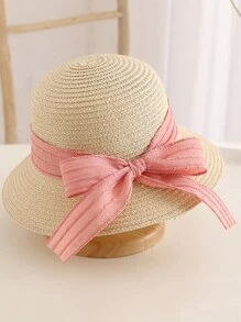 1 件装女孩可爱公主粉色蕾丝蝴蝶结草编太阳帽，公主风格防紫外线沙滩帽，适合日常佩戴 - 絲帶 - 查看 13