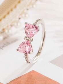 1 pièce Bague avec nœud papillon rose et strass, conception unique de bague de mode réglable rose en forme de cœur pour femmes