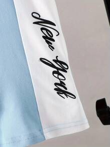 2pcs Young Boy Solid Color Patchwork Letter Print Breathable Moisture Wicking Soft Comfortable Outdoor Running Exercise Short Sleeve Sports Outfit, Spring/Summer - Baby Blue - View 4