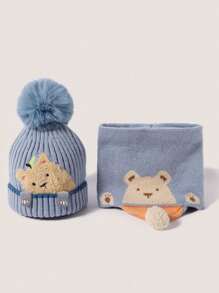 2/3 件婴儿针织帽和围巾套装，保暖内衬，卡通设计，适合幼儿男孩和女孩，秋冬 - 藍色 - 查看 7