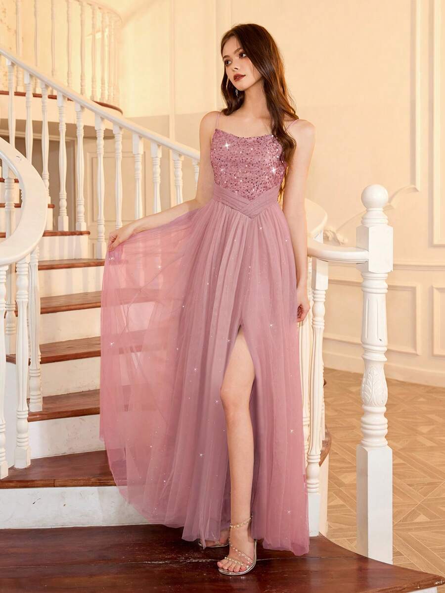 Teen Girl Gold Sequined Tulle Easter Party Dress, Elegant Princess Dress, Gift For Birthday, Wedding, Bridesmaids, Formal Event, Holiday Celebration Valentine's Day - Bụi hồng - Xem 1
