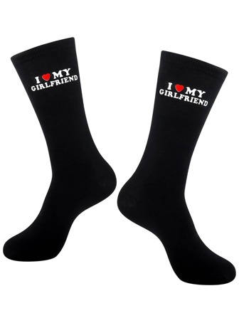 1 Pair Unisex Couples Heart Letter Design Comfortable Versatile Black Mid-Calf Socks, Suitable For Valentine's Day And Daily Wear, Fall