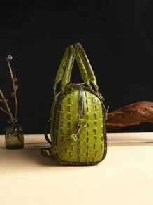 Luxury Crocodile Pattern Handbag, Retro Genuine Purse, Women's Classic Boston Bag & Shoulder Bag - màu xanh lá - Xem 3