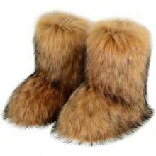QMFUR Women's Furry Faux Fur Boots Fuzzy Fluffy Mid Calf Snow Boots Suede Warm Fur Lined Booties Flat Fashion Boots - Burgundy - View 5