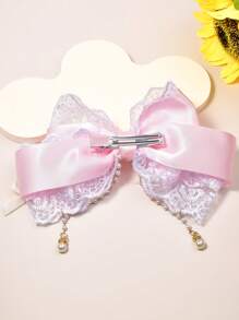 1pc Polyester Ribbon Lace Pearl Chain Decor Big Bow Hair Clip, Fashionable Sweet Cute Cheapest Items Available, Hair Accessory Suitable For Daily Dressing Up Elegant Halloween - Pink - View 5