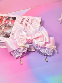 1pc Polyester Ribbon Lace Pearl Chain Decor Big Bow Hair Clip, Fashionable Sweet Cute Cheapest Items Available, Hair Accessory Suitable For Daily Dressing Up Elegant Halloween - Pink - View 3