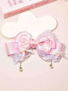 1pc Polyester Ribbon Lace Pearl Chain Decor Big Bow Hair Clip, Fashionable Sweet Cute Cheapest Items Available, Hair Accessory Suitable For Daily Dressing Up Elegant Halloween - Pink - View 4