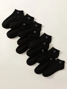 12双黑色爱心蕾丝袜，可爱甜美风格，适合上学、日常穿着，柔软透气，防臭女袜 - 黑色 - 查看 2