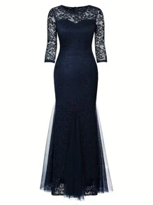 Elegant Lace Mesh Mermaid Bridesmaid Dress, 3/4 Sleeves Dress, Suitable For Weddings & Formal Events, Vintage Casual Resort Party Dress, Wedding Guest Cocktail Dress