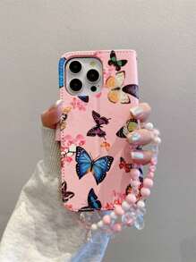 Flipping Cover Cell Phone Case With Colored Butterfly Pattern, Bowtie, Candy, Star, Beaded Wrist Strap