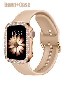 兼容 38mm、40mm、41mm、42mm、44mm、45mm、46mm 和 49mm 的 表带和表壳。采用柔软、运动休闲的硅胶表带，搭配双排镶钻、防震防刮的硬质 PC 穿孔保护壳。兼容 Ultra/11/10/9/8/7/6/5/4/3/SE 女士时尚表带和表壳。佩戴舒适，触控灵敏！ - 奶茶色錶帶+玫瑰金錶殼 - 查看 8