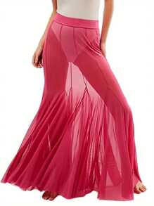 Womens Sheer Mesh Long Skirts Elastic High Waist Ruffle Hem Flowy Skirts Casual A-Line Midi Skirts - 玫紅色 - 查看 1