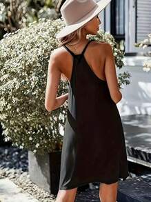 1 pieza Vestido negro elegante, sencillo y de moda para uso casual y diario para mujeres