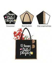 1个大容量黑色亚麻手提袋，印有彩色“El-Tiempo”字母图案，可作为结婚纪念日和朋友生日的个性化礼物，时尚女士帆布手提包，厚实的亚麻材质，适合购物、海滩必备、夏季女士包，也适合旅行、度假和海滩活动。 - 黑色 - 查看 8