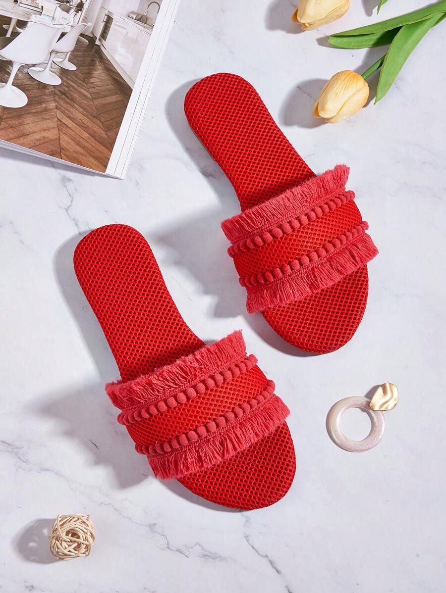 Red Fabric Furry Pom Pom & Tassel Embellished Bohemian Style Flat Sandals For Women, Random Lengths And Quantity Of Pom Poms And Tassels, Random Fabric Pattern And Shade Of Red,Beach Shoes,Summer Shoes - Red - View 1