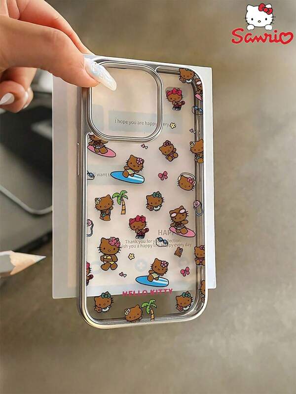Sanrio 1 PC Hello Kitty Mobile Phone Case, INS Cute Cartoon Surfing Large Hole Electroplated Silver Frame Style, compatível com iPhone 11 12 14 15 Pro/Pro Max/PlusX/XS/XS MAX. TPU Material Mobile Phone Case, leve e confortável, adequado para caminhadas, lazer fitness, acampamento ao ar livre e festas de natação escolar. Ótimo presente de Natal para amigos/família