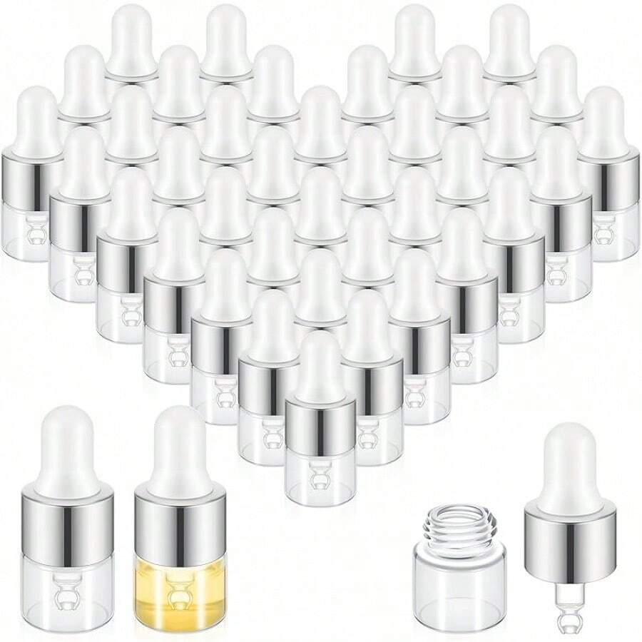 100 Pcs Mini Glass Dropper Bottle Bulk Clear Essential Oil Dropper Bottles Small Glass Dropping Sample Containers Perfume Liquid Cosmetic Sample Vials With Cap For Traveling (Silver,1 Ml)