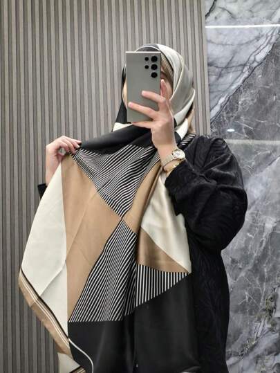 1pc Women's Elegant Color Block Printing Scarf, Korean Style Silky Smooth Lightweight Shawl, Suitable For Daily Wear