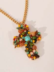 1 pièce Collier pendentif croix en cristal de turquoise de style boho occidental, perle de faux. Convient pour les vacances, les fêtes, les cadeaux et le port quotidien pour les femmes