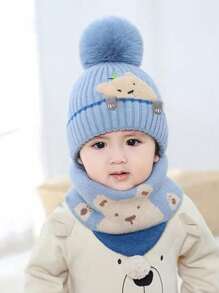 2/3 件婴儿针织帽和围巾套装，保暖内衬，卡通设计，适合幼儿男孩和女孩，秋冬 - 藍色 - 查看 5