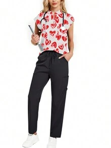 2pcs Set Heart Print Stand Collar Top And Pants Nurse Scrub Uniform - Multicolor - View 7