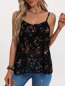 New Vintage Style Elegant Women Summer Cami Top, Casual Vacation Semi-Sheer Floral Print Camisole, Home Office Ruffle Strap Tank Top