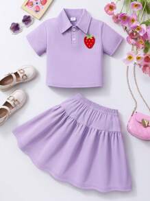 Young Girl Summer Short Sleeve Crewneck Strawberry Print Top + Solid Color Elastic Waist Skirt 2 Pieces Set