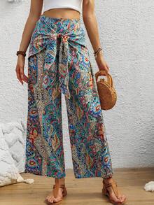 Lace-Up Colorblock High Waist Casual Loose Fit Pants, Multiple Colors
